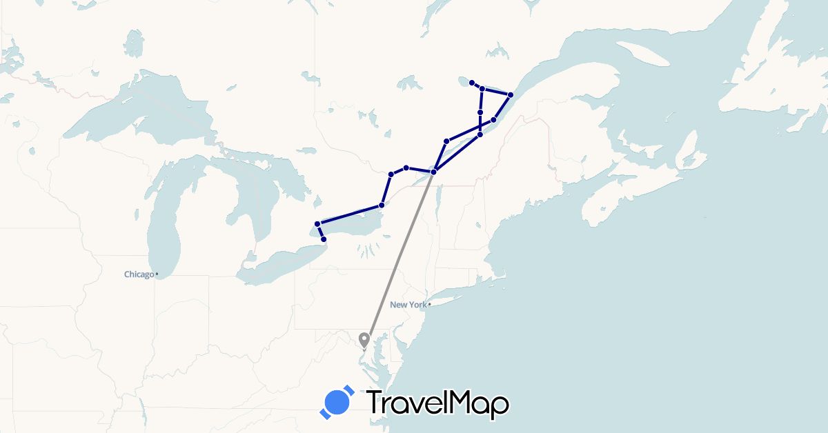 TravelMap itinerary: driving, plane in Canada, United States (North America)